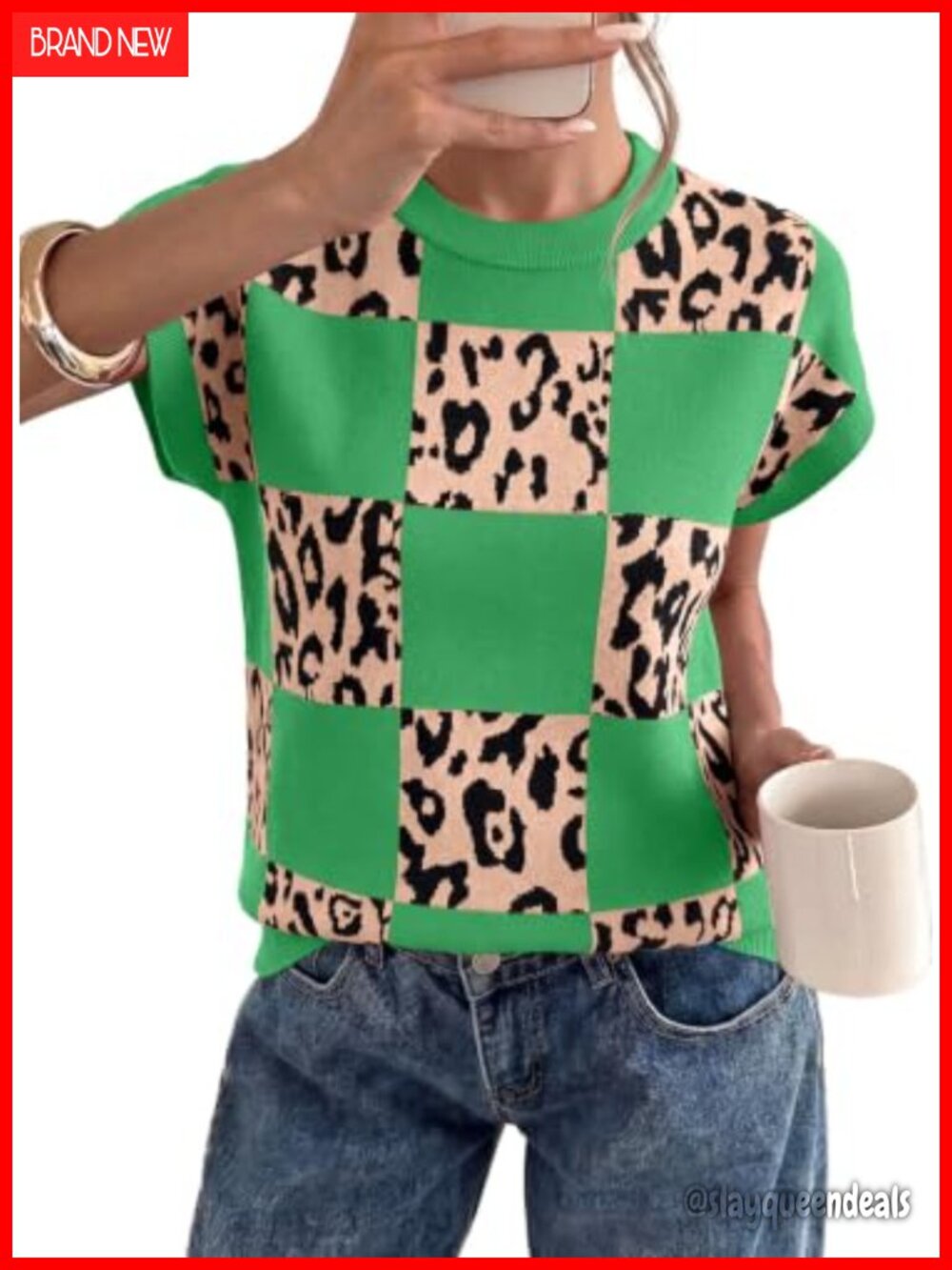 Sweater Vest Women Short Sleeve Leopard Print Top Fall Casual